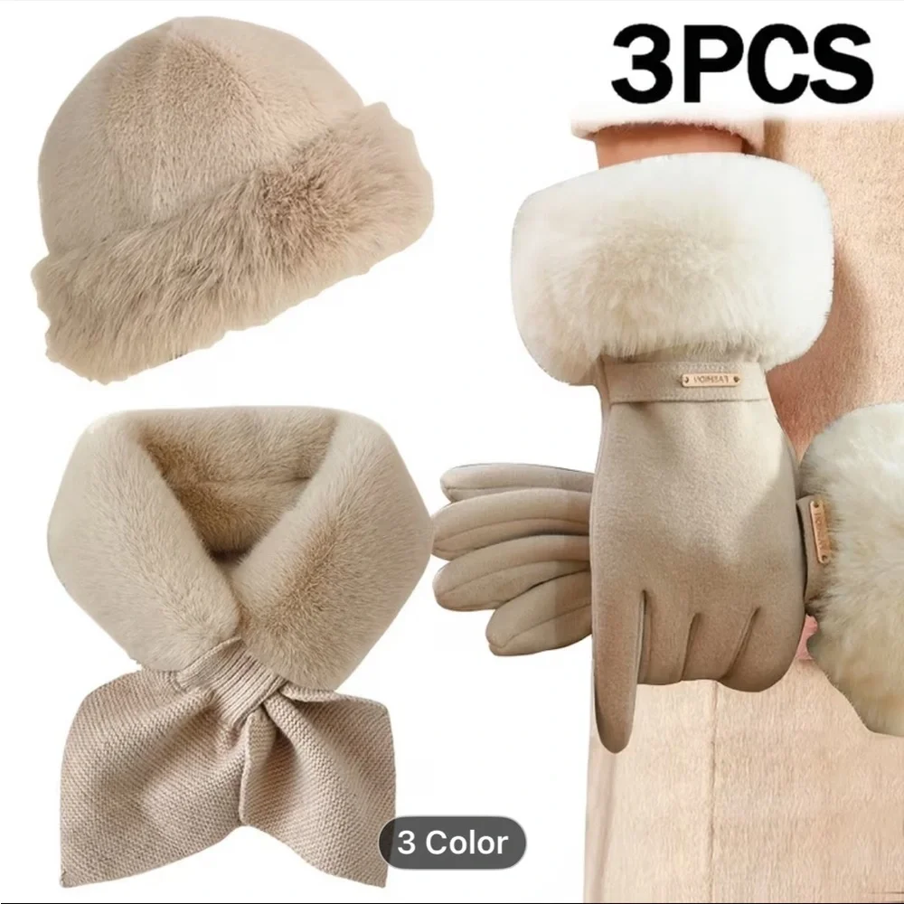 Chic Cream Fur Women Set - Hat, gloves and scarf NWOT